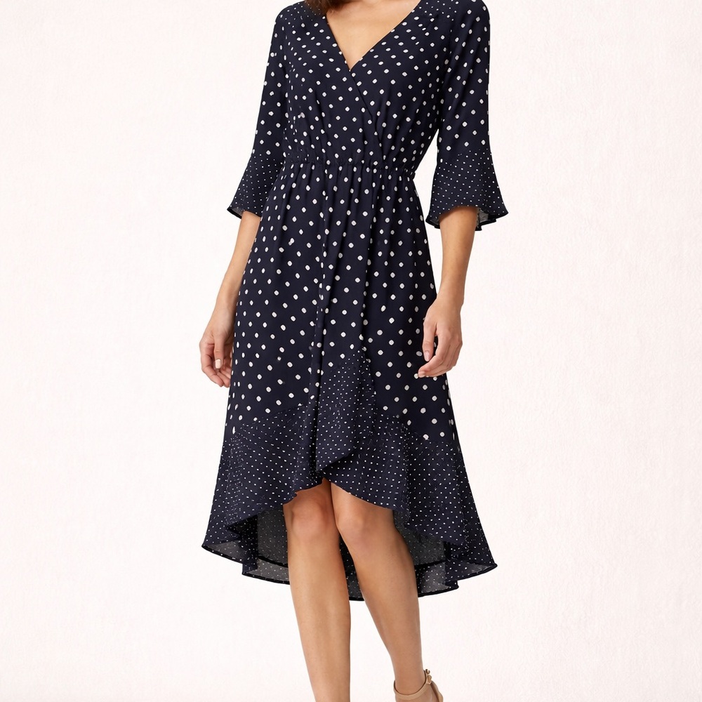 Fig & Flower Polka Dot Wrap Midi Maxi Dress High Low French Girl L
